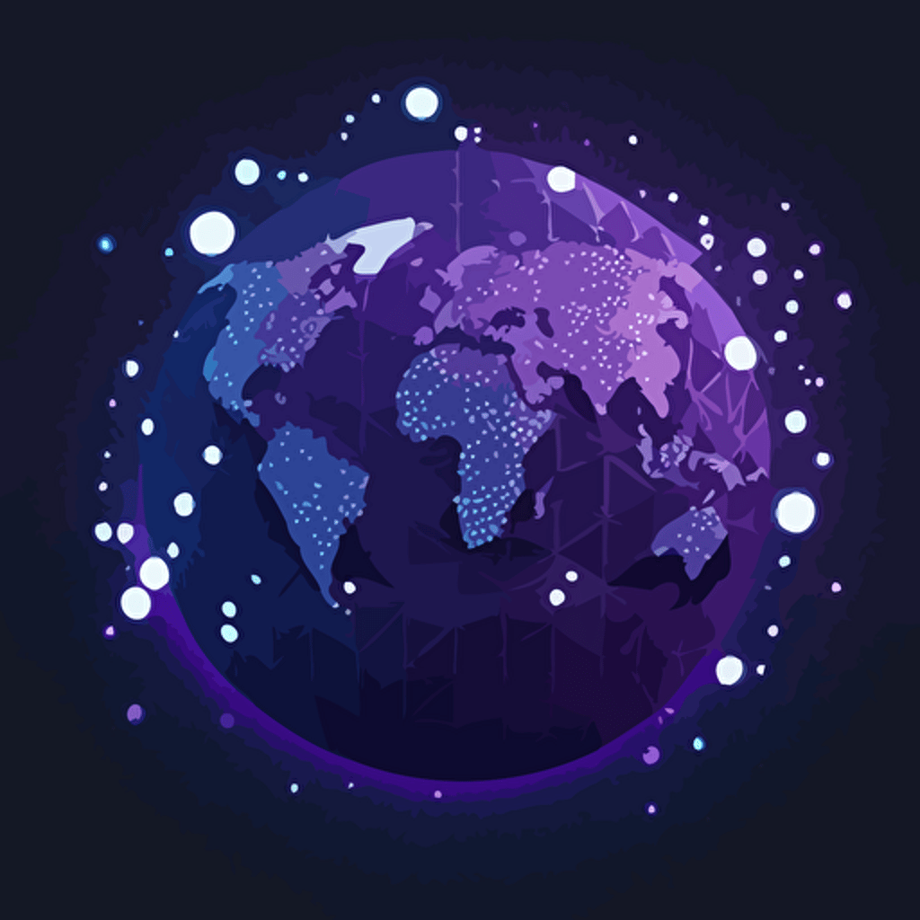 a dark blue background with the earths map created using white dots to make the shapes of the continent with purple user avatars in circles scattered around with a light blue line bouncing between them. Flat vector, ar 16:9