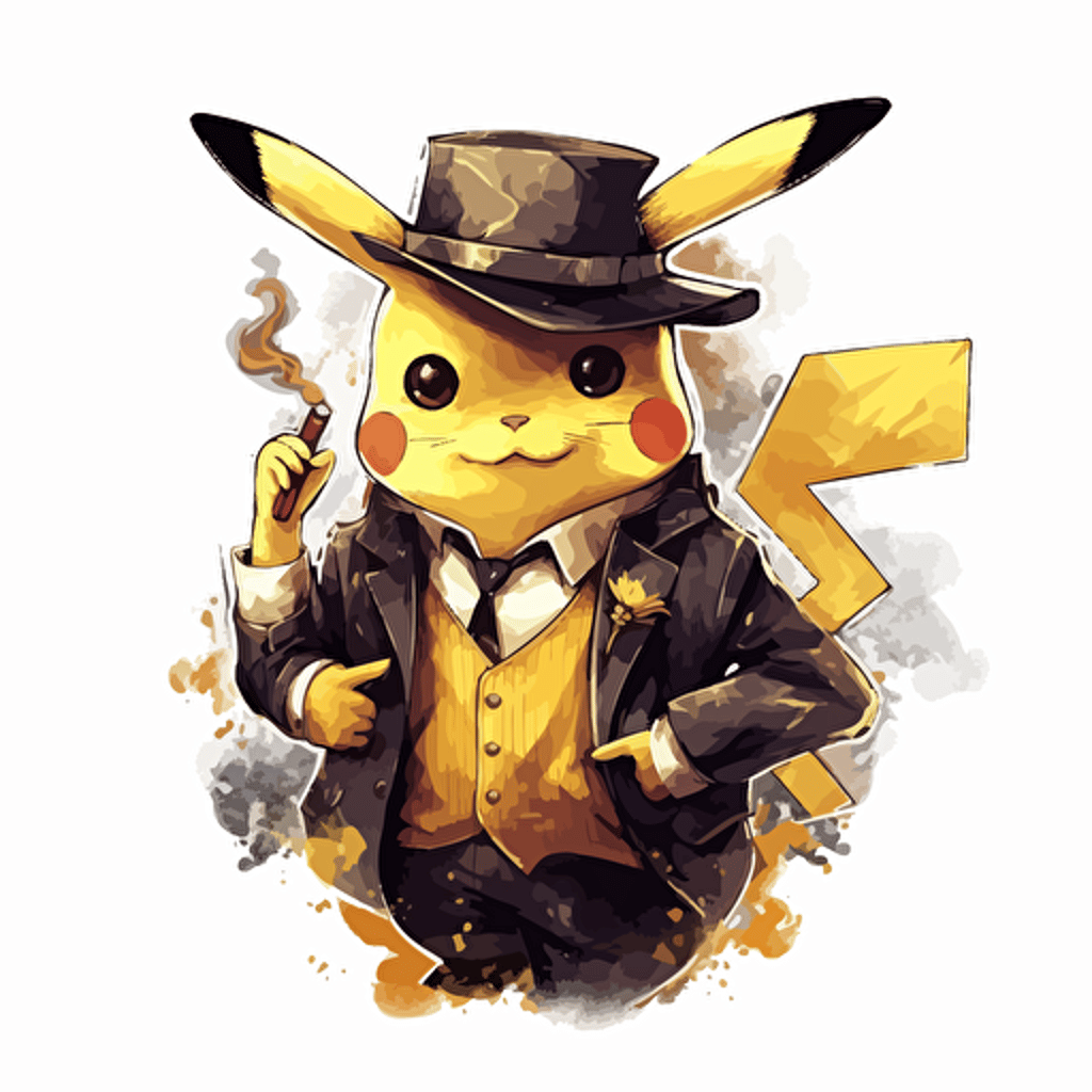 sophisticated pikachu in a business suit, smoking a big cigar, vector art, 2d, white background