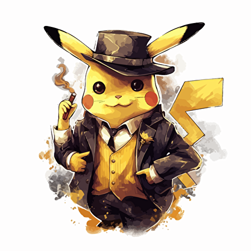 sophisticated pikachu in a business suit, smoking a big cigar, vector art, 2d, white background