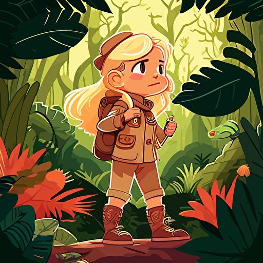 ILLUSTRATION OF little blonde girl in an explorer outfit FOR A CHILDRENS BOOK, IN THE STYLE OF genndy tartakovsky. , RAIN FORREST, tree lizards, JUNGLE, hiking, ADVENTURE SCENE, EXPLORer, vines, 1st person CAMERA VIEW. gOLDEN HOUR. tense VECTOR ILLUSTRATION
