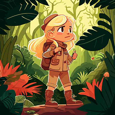 ILLUSTRATION OF little blonde girl in an explorer outfit FOR A CHILDRENS BOOK, IN THE STYLE OF genndy tartakovsky. , RAIN FORREST, tree lizards, JUNGLE, hiking, ADVENTURE SCENE, EXPLORer, vines, 1st person CAMERA VIEW. gOLDEN HOUR. tense VECTOR ILLUSTRATION