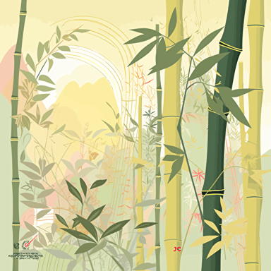 Create a vector image capturing the essence of May in Japan, featuring scenes of freshly harvested bamboo shoots. Incorporate the delicate beauty of the season with soft pastel colors and intricate details. Let the image evoke a sense of renewal and anticipation for the warmer months ahead.