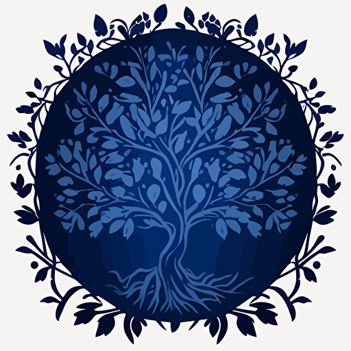 a very simple and elegant royal blue vector silhouette of a tree of life within a circle, with 7 simple roots, simple leaves and distinct forms for use as a logo, curves, minimalist, branding, sharp, clear, Ateneo