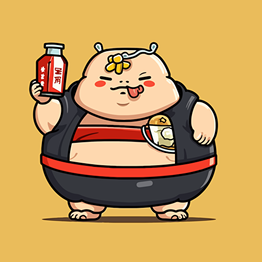 Tokyo, A kawaii-style cartoon sumo wrestler holding a bowl of ramen and a sake bottle, sticker art, vector art