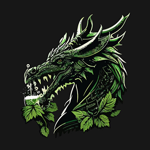 Vector logo of a dragon drinking a beer in a party , minimal Black and green