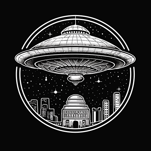 UFO mothership vector, black and white, logo, in nasa pan am style, clip art