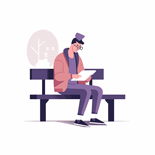 A young man sitting on a bench reading a book. Artsy flat vector illustration, light purples, white background