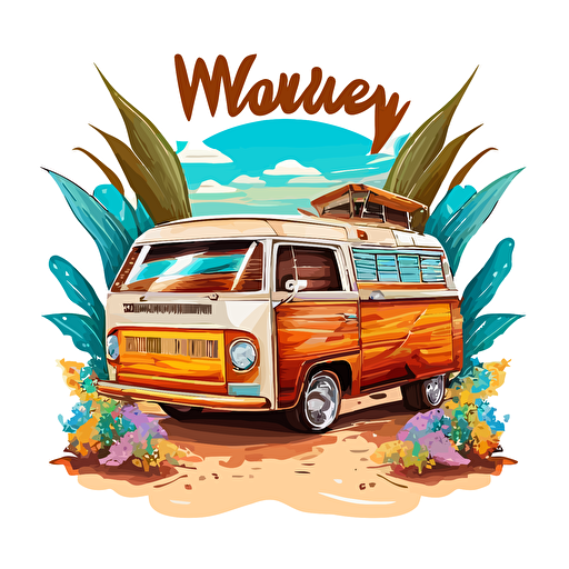 logo, white background, vector, wood doors station wagon, beach elements, flowers, sunny day, very colorfull, v5