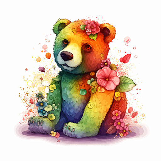 rainbow bear, flowers, detailed, cartoon style, 2d clipart vector, creative and imaginative, hd, white background