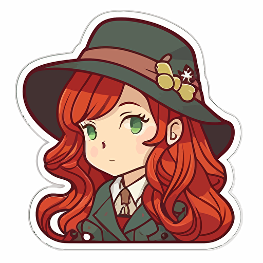 sticker, Happy Colorful female Sherlock Holmes with long red hair, kawaii, contour, vector, white background