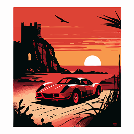 simple vector rally poster red ferrari convertible on sardinia. Coastal road, coastline, mountains, village, castle ruins, sunset