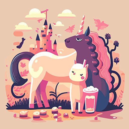 vector style art a cat and a unicorn drinking beer together in front of a candy kingdom