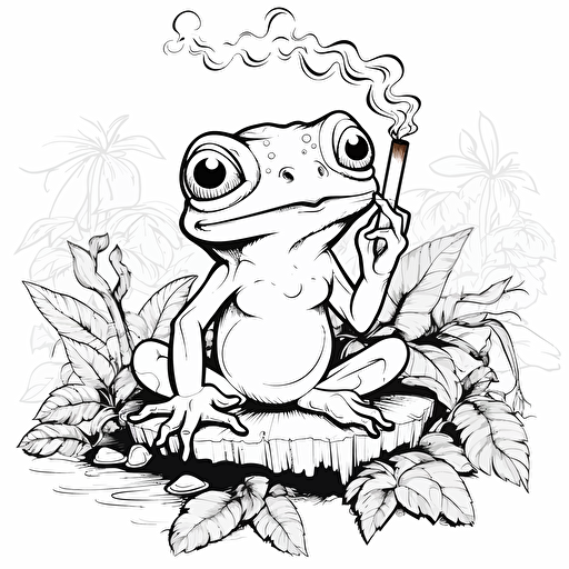 A cute frog smoking marijuana, disney cartoon style, black and white, coloring page, vector