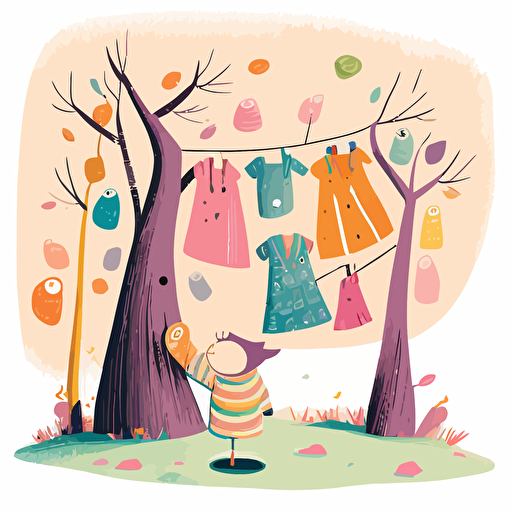vector,bright colourful, pastel colours, children's book illustration, hanging clothes at spring