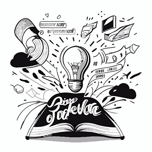 create a vector doodle illustration of research paper, black and white, white background