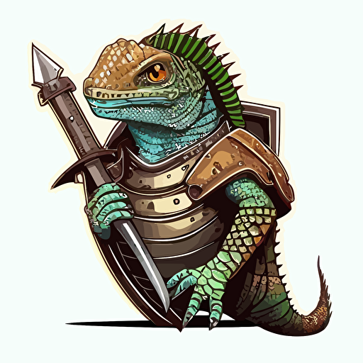 lizard body armour with bandaged forehead, posing with weapon, sticker design, vector illustration.