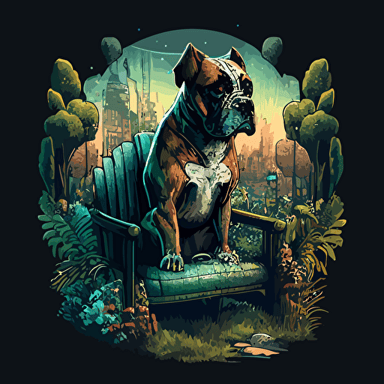 Create a detailed avatar of a boxer dog mascot sitting in a chair facing the foregorund, surrounded by magical glowing plants shrubs and roses, with a view of a abandoned city in the background, set from vacant woods in the foreground, trees, dead roses, clouds, broken carnival rides in the distance. Incorporate a gloomy and dreadful vibe to evoke a sense of eerieness and wonder. Use a digital painting style reminiscent of Thomas Kinkade and James Gurneya illustration, drawing, flat illustration, vector style