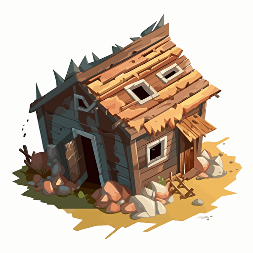 Low poly Cartoon vector style destoryed wooden hut, house of park ranger, broken roof, rotten wood, isometric view, transparent background