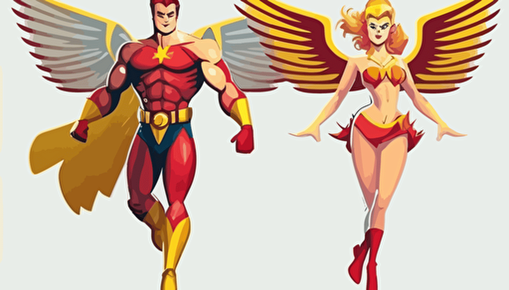 a female and a male androids flying together, with eagle wings, and a red and yellow costume, friendly smiling, volonteer, vector style