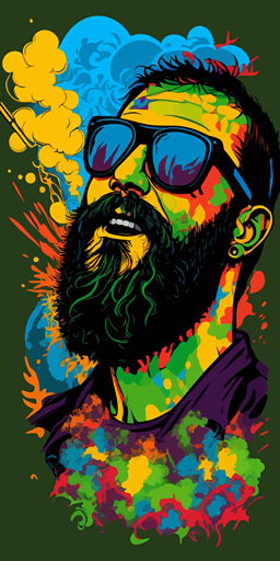 happy man with sunglasses et a beard smoking sativa thc cloud vape, green background vibrant color vector style pop art style::