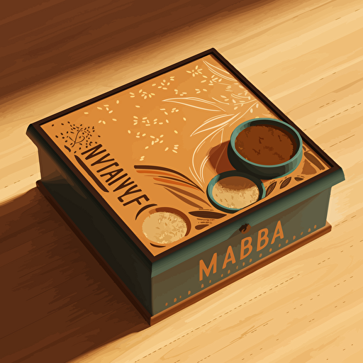 minimalist vector illustration of indian spice box (masala dabba). Top perspectivr closeup on a wooden table. Strong light and shadow. Style of Malika Favre and Owen Davey