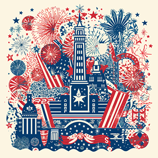 vector illustration, 4th of July celebration with flags and fireworks, red, white, blue intricate detail