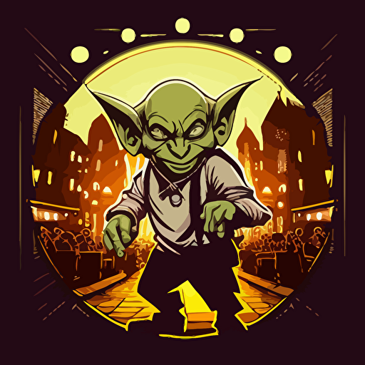 funny Goblin working as a bouncer in front of a night club in the bad part of city, vector logo, vector art, emblem, simple cartoon, 2d, no text, white background