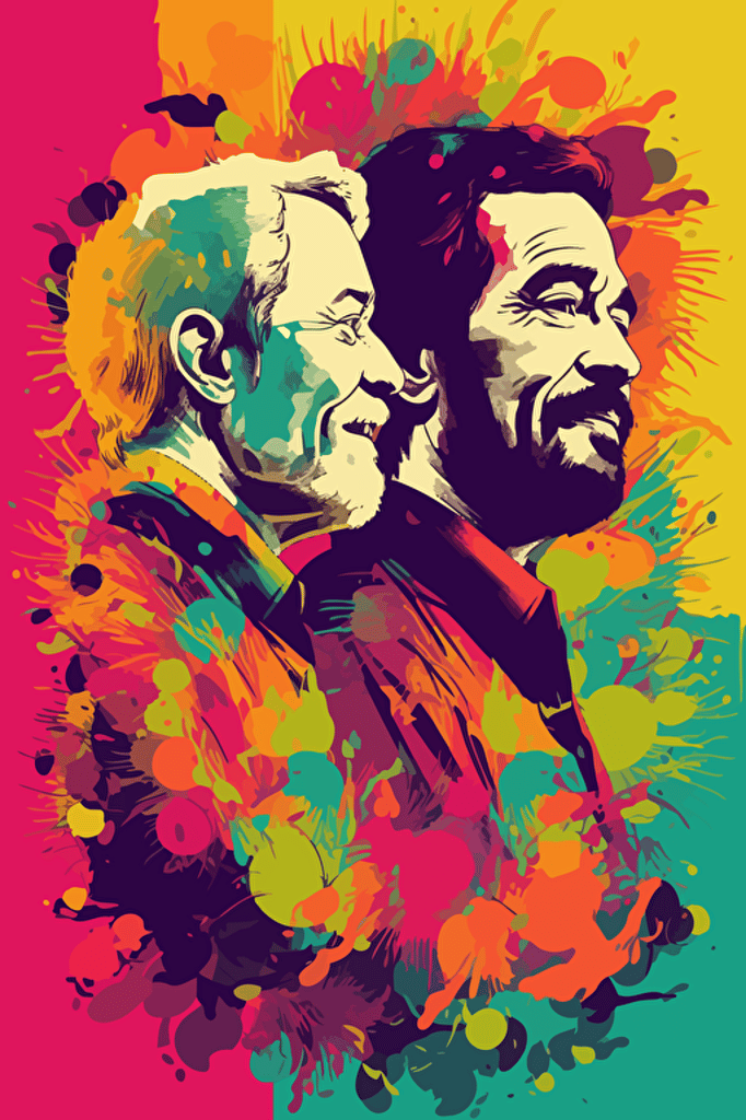 an old picture of a gay couple with colorful vector illustrations over it