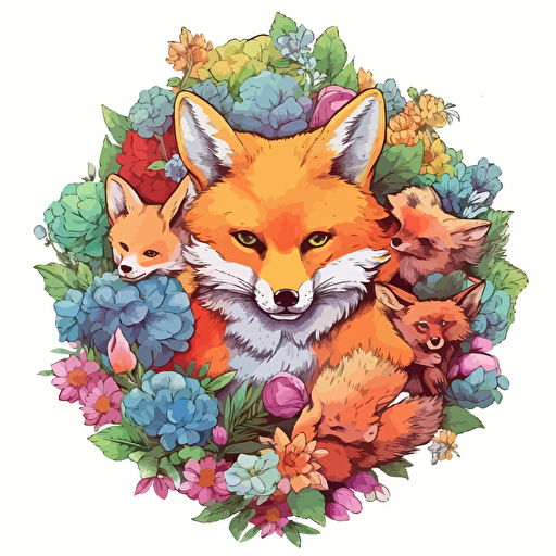 airycore furry woodland animals with a surrounding floral design in detailed drawing style + simple vector + bright colors on a white background