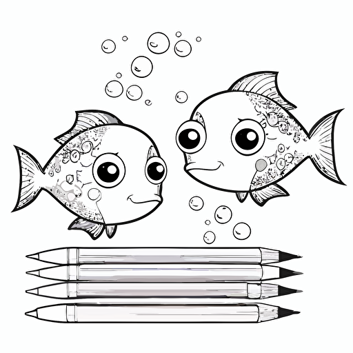 simple cute fishes at school, to color for kids, black and white, lineart, thin line, clear edge, vector