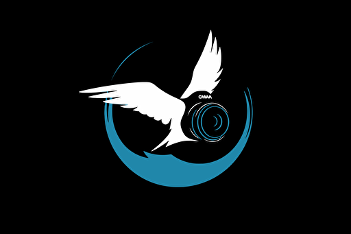 swift bird flying fast in front of a DSLR camera, vector logo, minimalist, simple, two color, blue, white, black