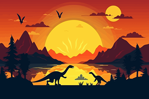 vector style dinosaurs mountains sunset lake