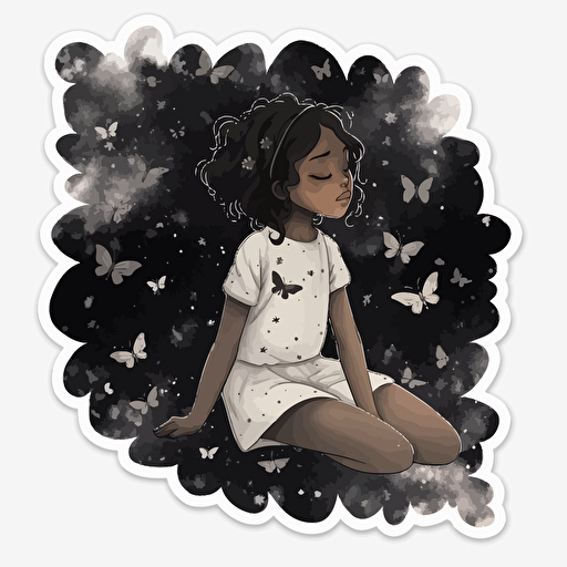 little black girl surrounded by butterflies, constellations, starry sky, Beautiful Gothic Fantasy, Watercolour cartoon, minimalistic illustration, in black and white vector, sticker