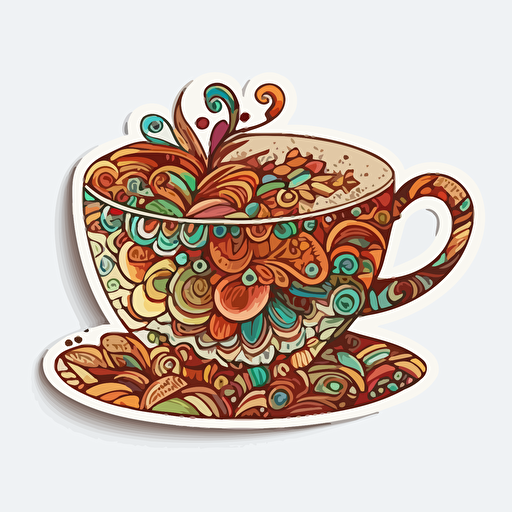 Cappuccino , Sticker, Delighted, Vibrant Color, Folk Art, Contour, Vector, White Background, Detailed