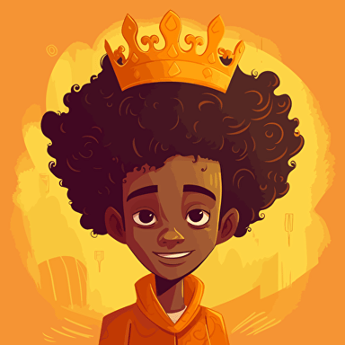 vector illustration of a cute, handsome black boy princes, with Afro hairstyle wearing a golden crown Disney style, in vivid colors.
