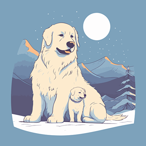 vector illustration of a Great Pyrenees sitting by a snowman on the side of a mountain