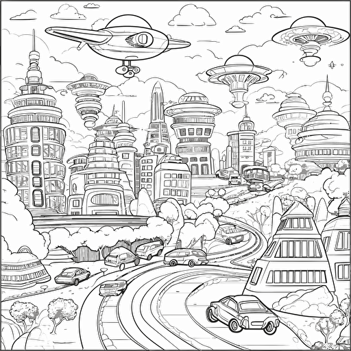 Futuristic City. Many Flying Cars. Cartoon. Coloring page. Vector. Simple.