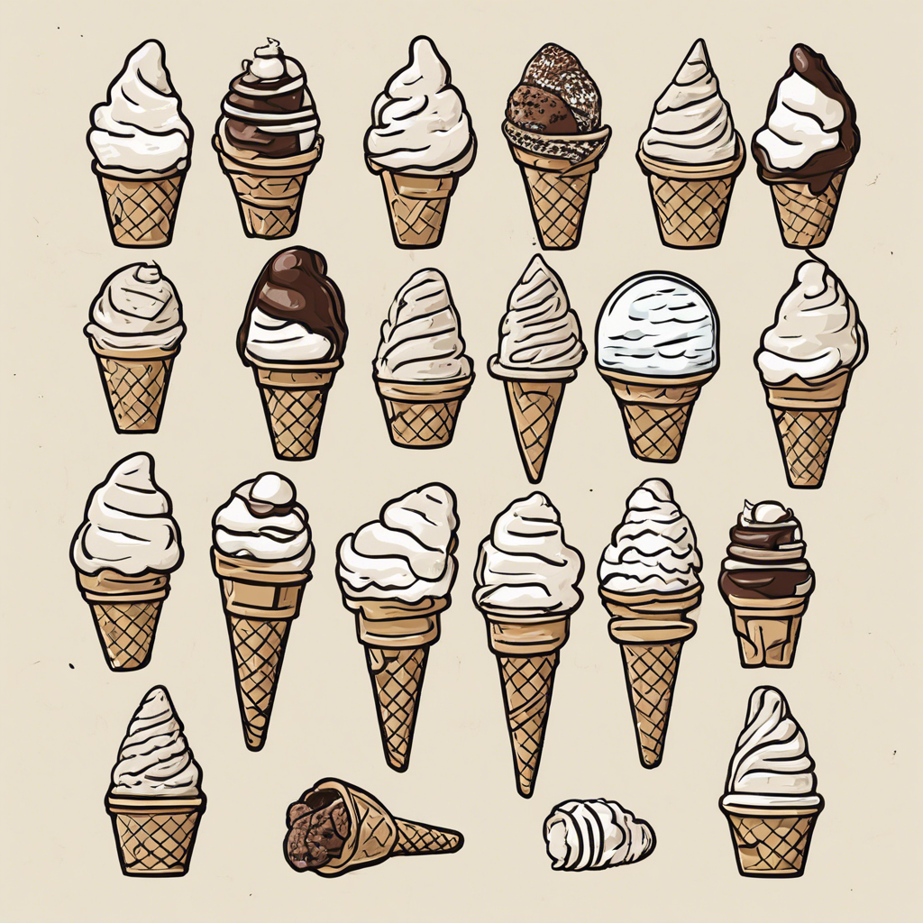 Ice cream scoops in waffle cones, illustration in the style of Matt Blease, illustration, flat, simple, vector