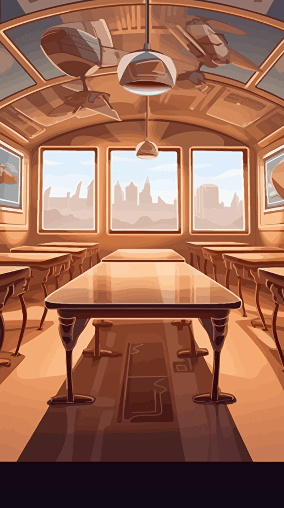 futuristic classroom with african art and vector teletransport over the table