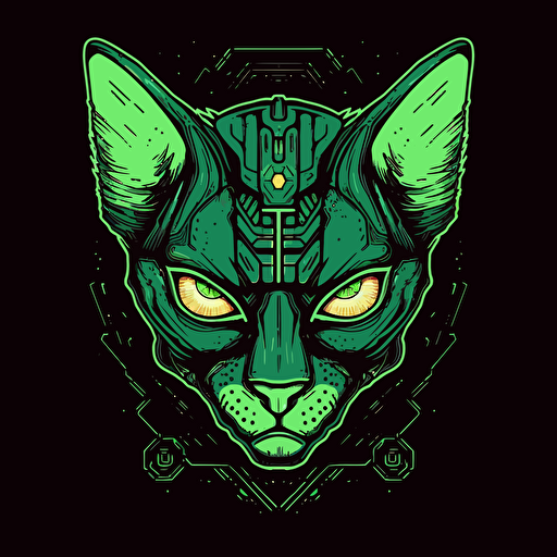 Logo, Menacing, Alien Mecha Cat, Sphynx, Green Glowing Eyes, Bodybuilder, Big Ears, Triangle Base, Vector Style,