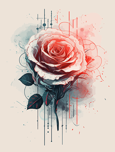 Science and Technology and the Rose with Thorns，modern minimalist illustration，A clean background, Gradient color, Vector，White background
