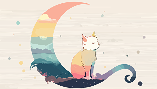 simple, 2d, vector, vector art, pastel, cat on the moon, Little Prince Style, colourful,
