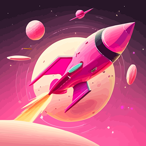 pink saturn, vector, rocket flying towards, diamond stars