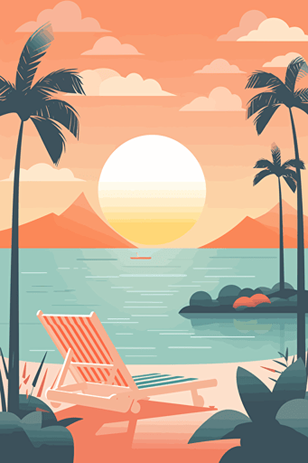 Create a flat vector illustration that portrays a summer beach scene. Use a minimalistic and modern style to showcase the natural beauty of the beach. Include details such as sunbeds, palm trees, and a bbq grill to bring the scene to life. Use pastel colors such as shades of blue, orange, pink, and yellow to create a peaceful and serene atmosphere that transports the viewer to the beach