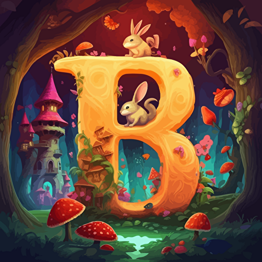 B letter and cute bunny in fantastic forest, vector cartoon style