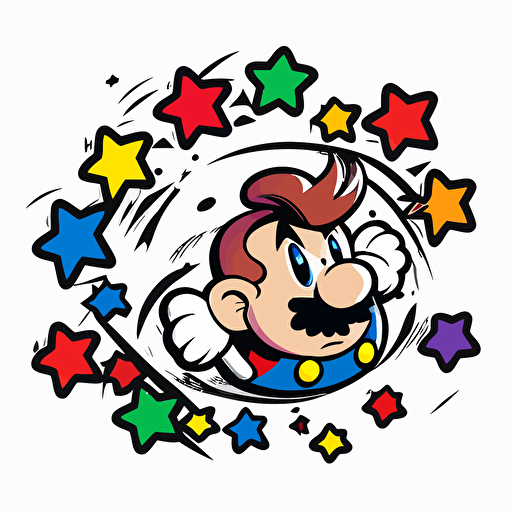 a mario 64 superstar, 2d, in the style of a takashi murakami, shooting stars white background, 5 sided stars, vector