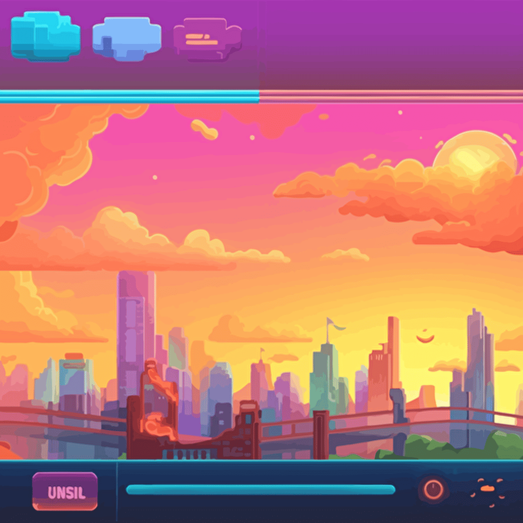 the main menu of a game ui for a infinite side scroller puzzle game with bright colours, light background with a skyline, vector, cartoon style