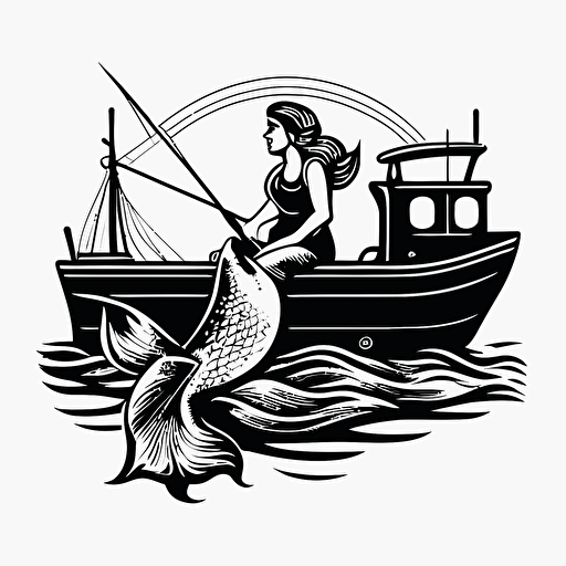 mermaid on a fishing boat with fisherman, vector logo, vector art, emblem, simple cartoon, 2d, no text