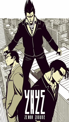 a rooftop scene as a cover, two yakuza gangster holding a man headfirst over the edge of the bulding threatening to let him fall, yakuza, manga comic style, simple vector illustration, flat design, cover, simple city background