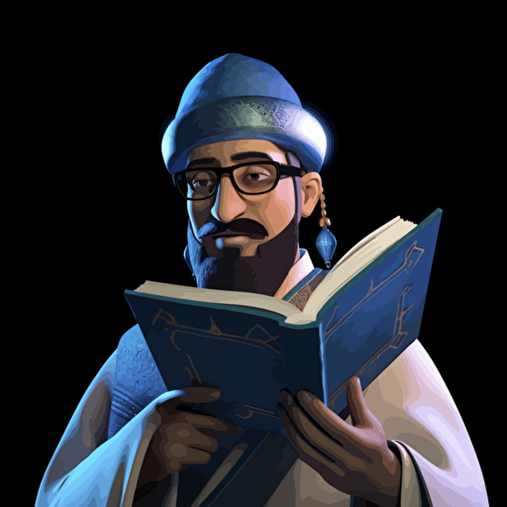 a claymation style easily vectorizable time traveling, handsome sunni sufi muslim conquerer from the future, his glasses have an intense and futuristic looking HUD overlay as he studies his surroundings. there is a hologram of an arabic book floating over his right shoulder. image should be easily vectorizable